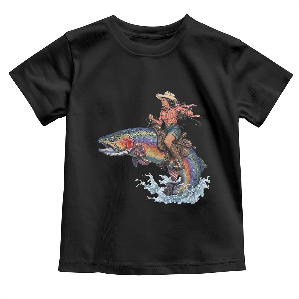Vintage Cowgirl Riding Rainbow Trout Toddler T Shirt Funny Fishing Western Rodeo