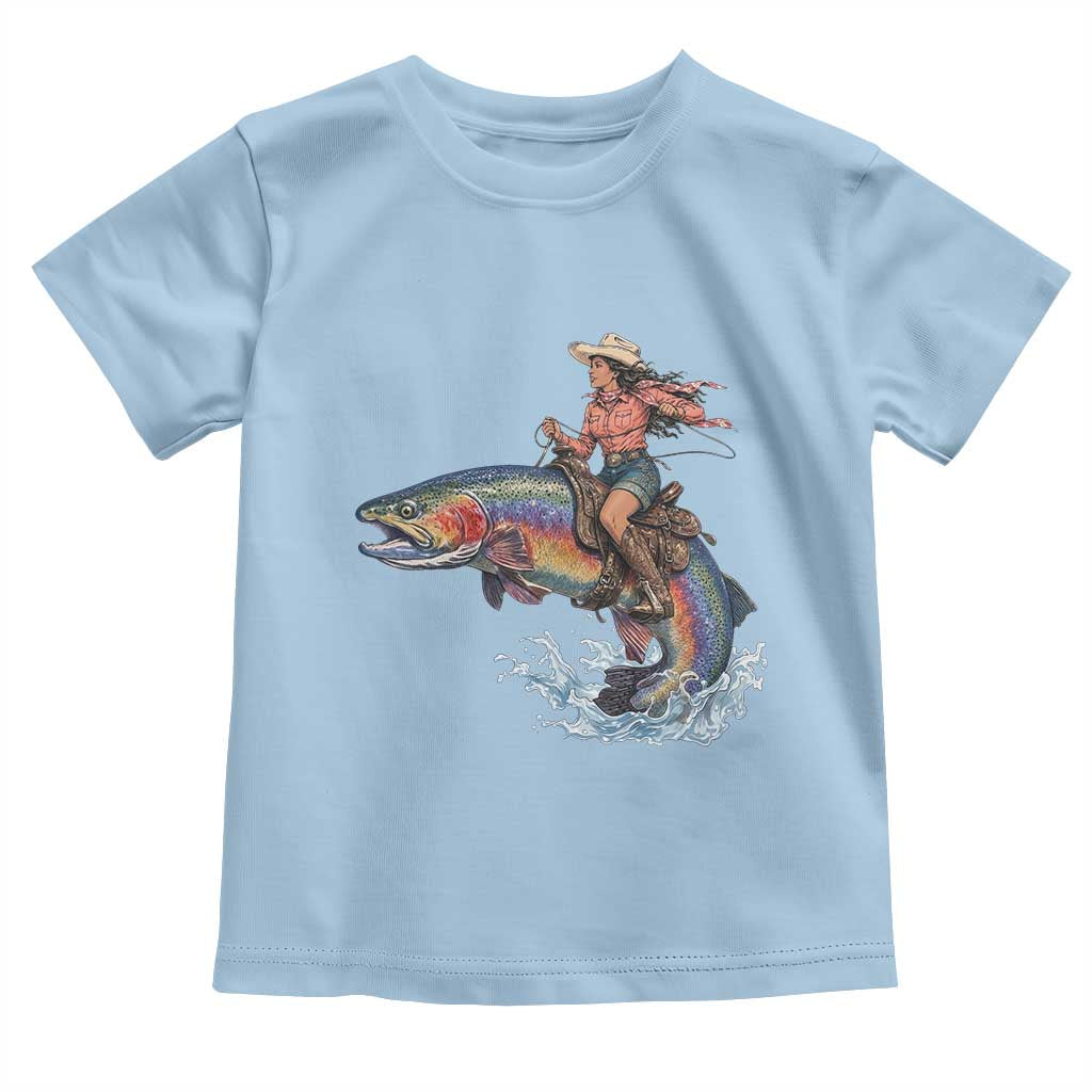 Vintage Cowgirl Riding Rainbow Trout Toddler T Shirt Funny Fishing Western Rodeo