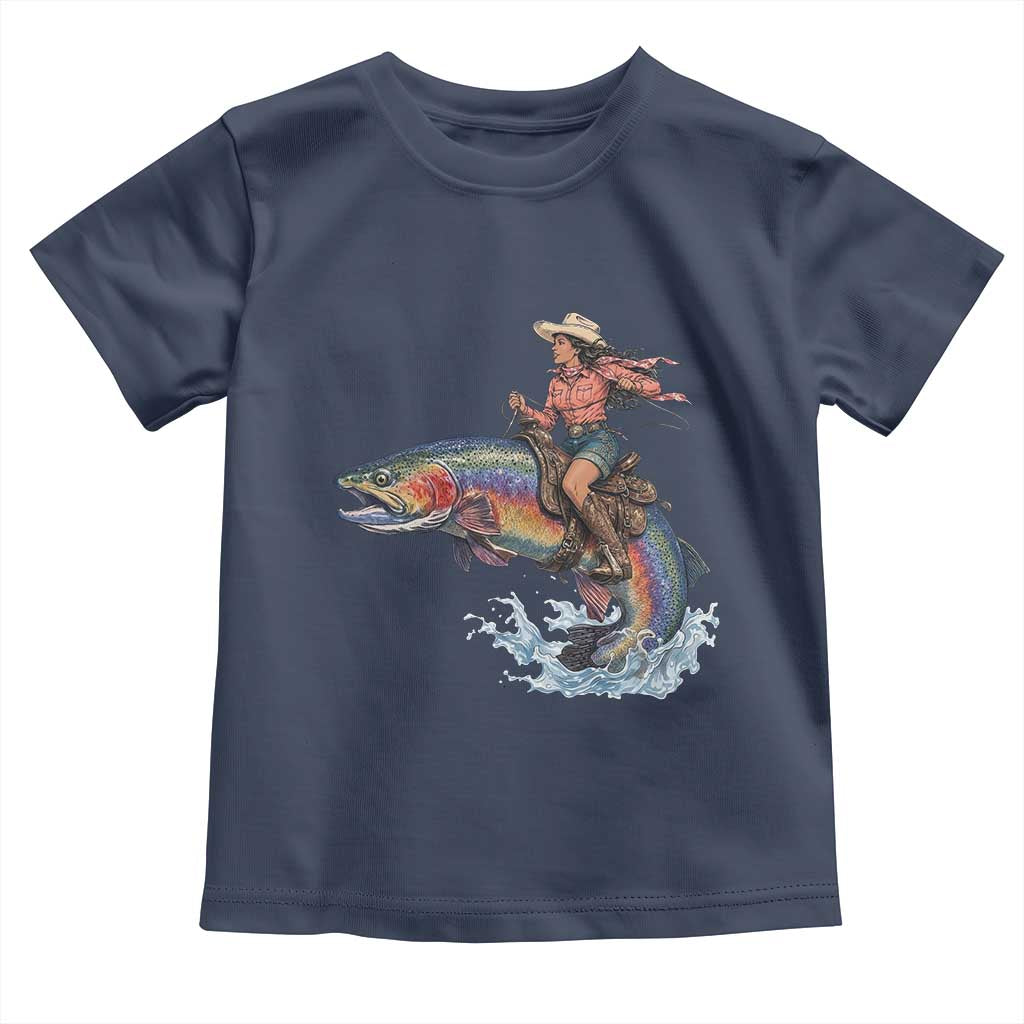 Vintage Cowgirl Riding Rainbow Trout Toddler T Shirt Funny Fishing Western Rodeo