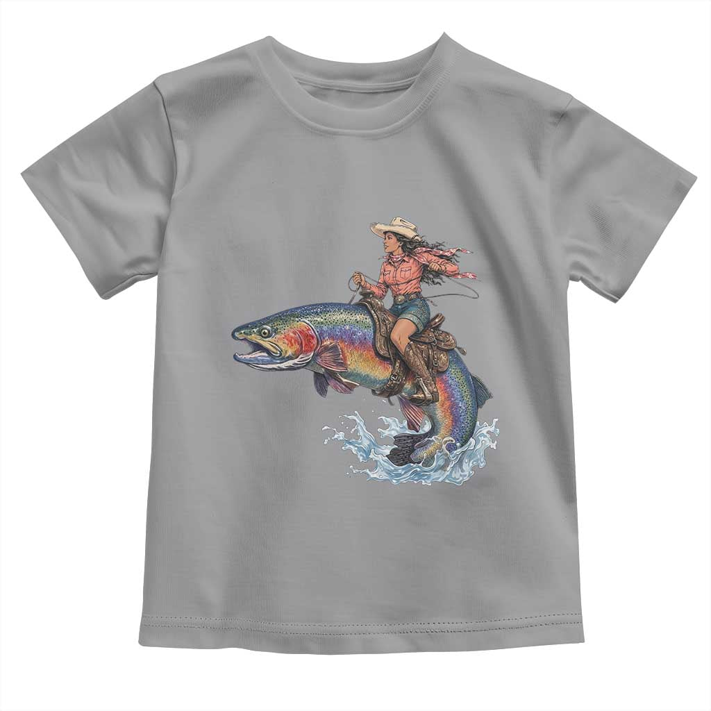 Vintage Cowgirl Riding Rainbow Trout Toddler T Shirt Funny Fishing Western Rodeo