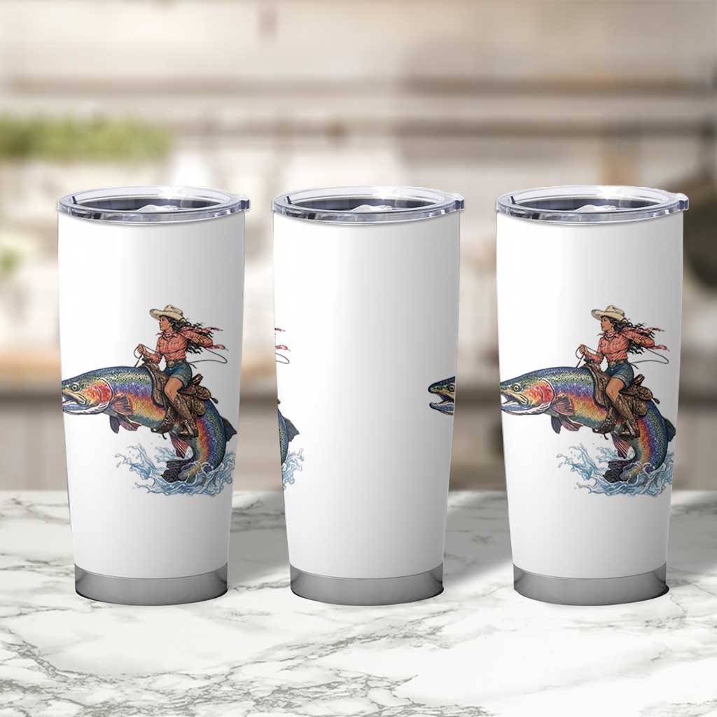 Vintage Cowgirl Riding Rainbow Trout Tumbler Cup Funny Fishing Western Rodeo