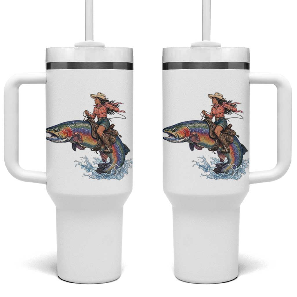 Vintage Cowgirl Riding Rainbow Trout Tumbler With Handle Funny Fishing Western Rodeo