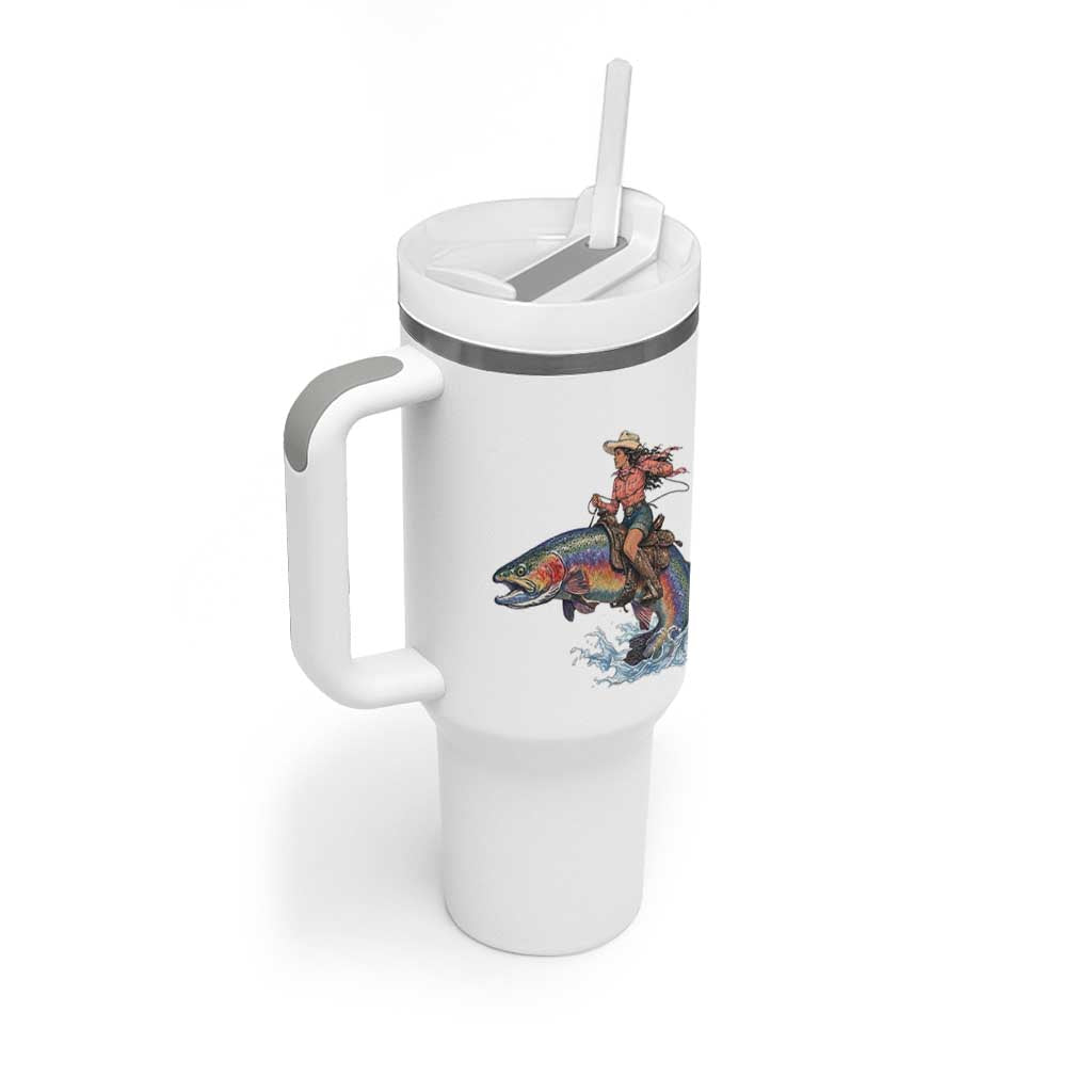 Vintage Cowgirl Riding Rainbow Trout Tumbler With Handle Funny Fishing Western Rodeo