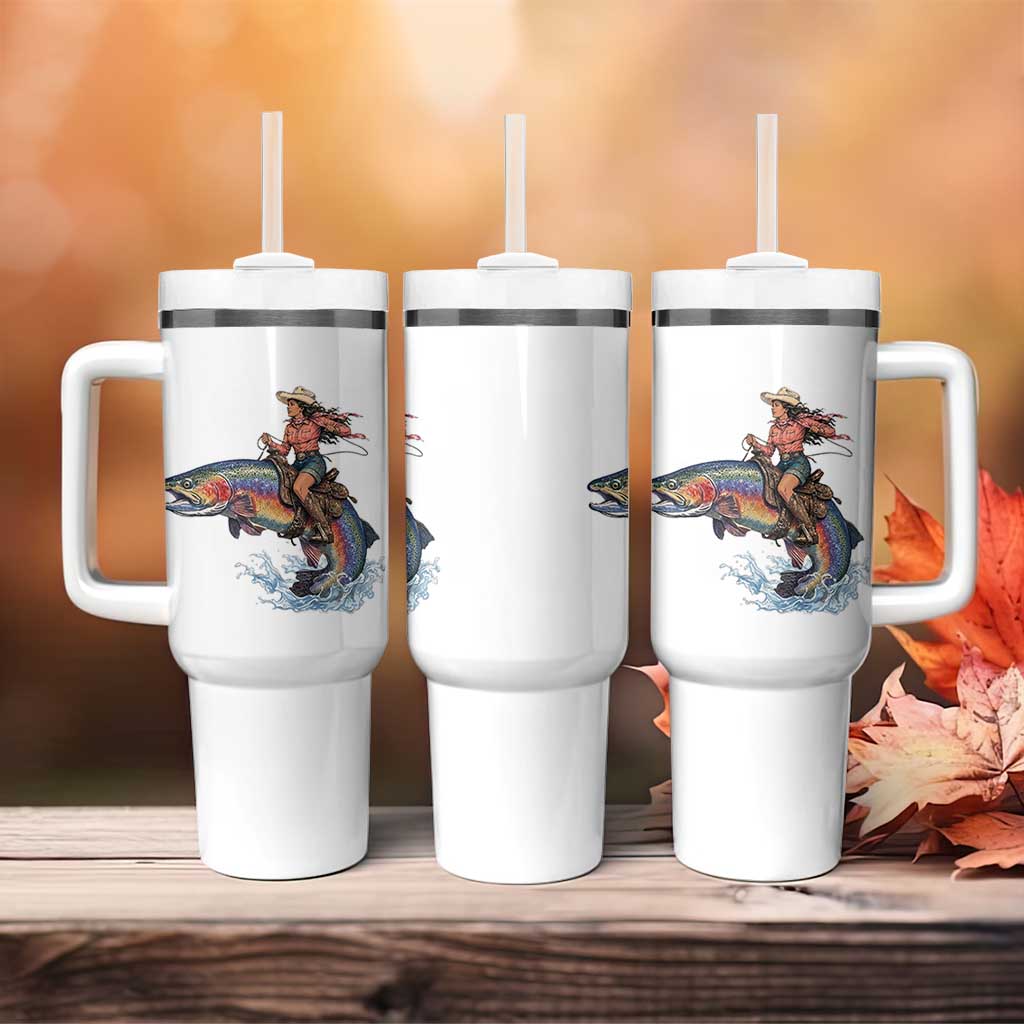 Vintage Cowgirl Riding Rainbow Trout Tumbler With Handle Funny Fishing Western Rodeo