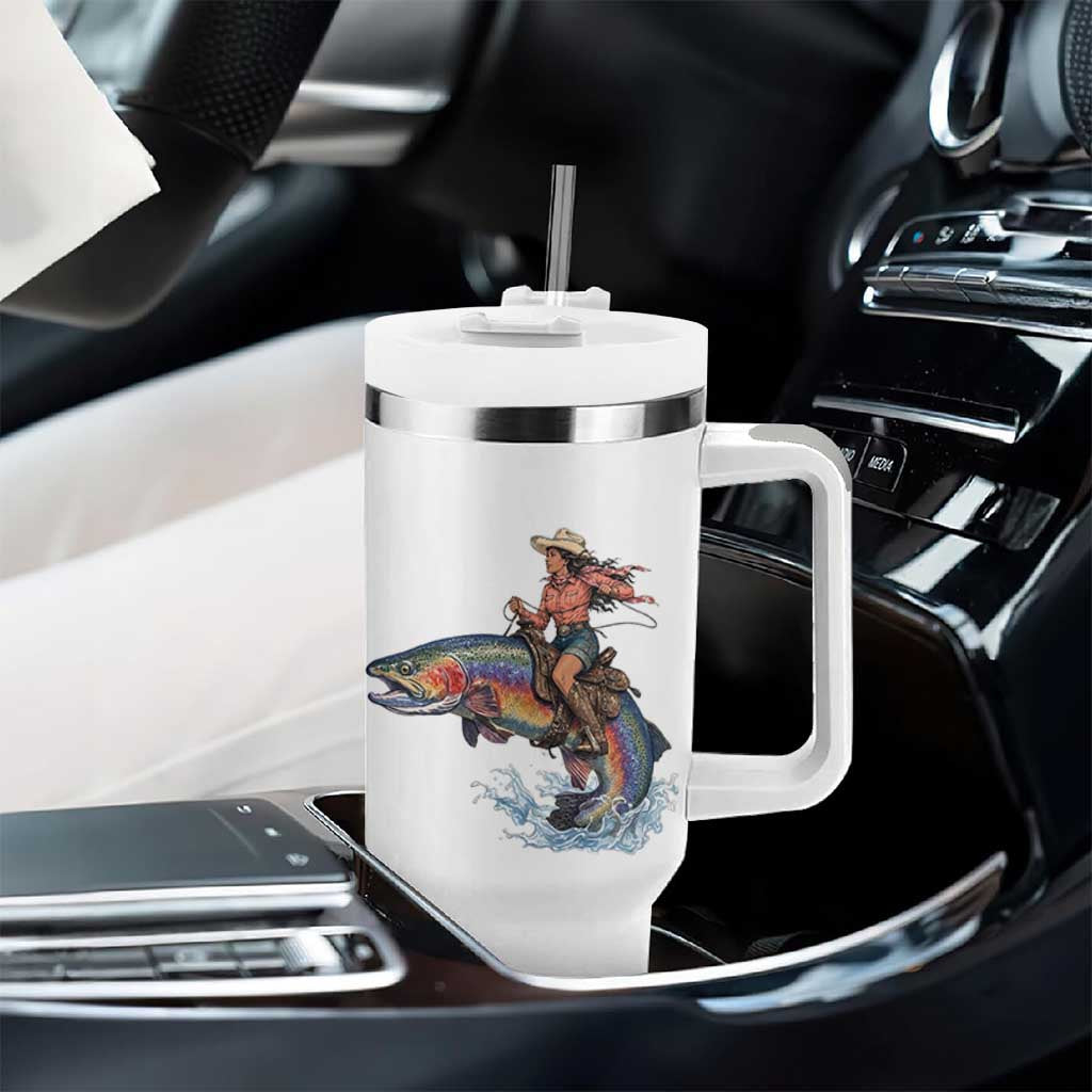 Vintage Cowgirl Riding Rainbow Trout Tumbler With Handle Funny Fishing Western Rodeo