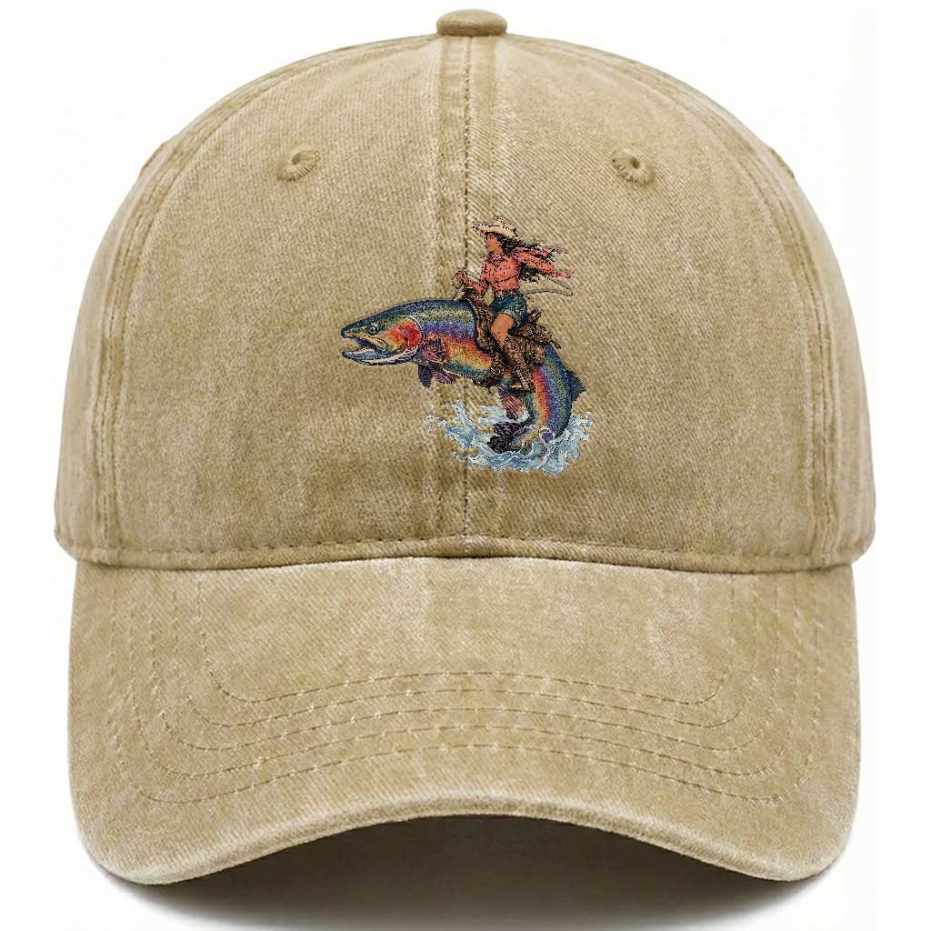 Vintage Cowgirl Riding Rainbow Trout Washed Cotton Baseball Cap Funny Fishing Western Rodeo