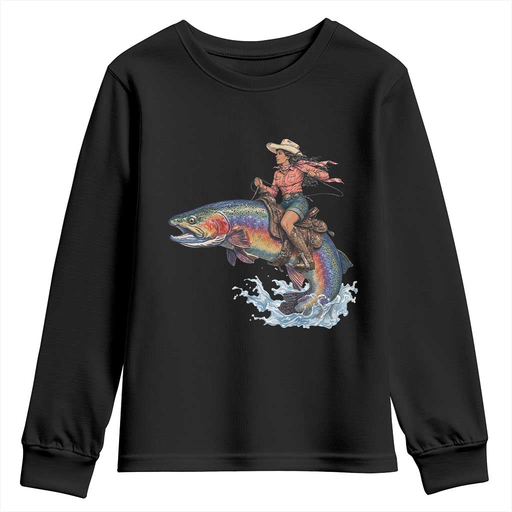 Vintage Cowgirl Riding Rainbow Trout Youth Sweatshirt Funny Fishing Western Rodeo
