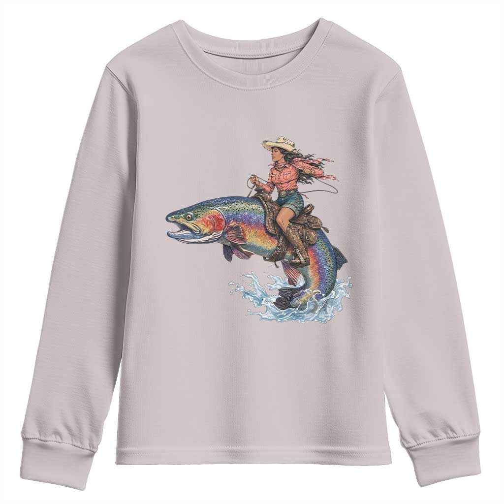 Vintage Cowgirl Riding Rainbow Trout Youth Sweatshirt Funny Fishing Western Rodeo