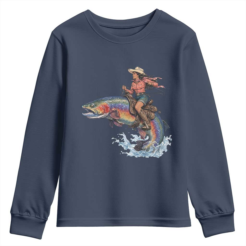 Vintage Cowgirl Riding Rainbow Trout Youth Sweatshirt Funny Fishing Western Rodeo
