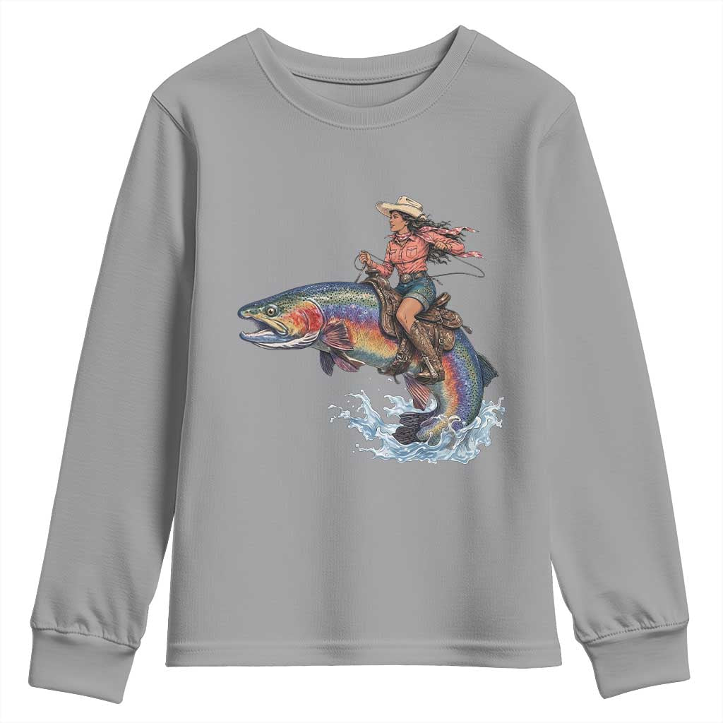 Vintage Cowgirl Riding Rainbow Trout Youth Sweatshirt Funny Fishing Western Rodeo