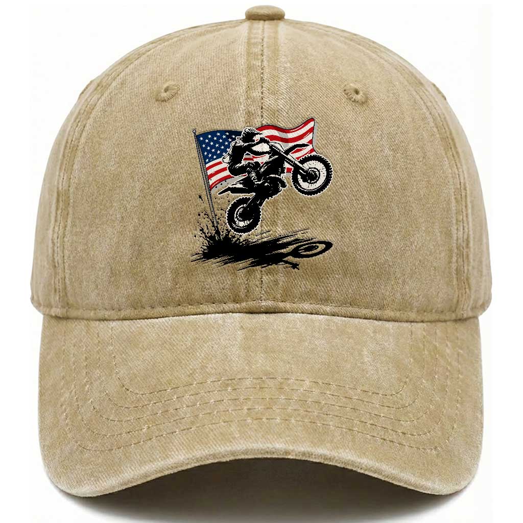 Dirt Bike American Flag Motocross Washed Cotton Baseball Cap