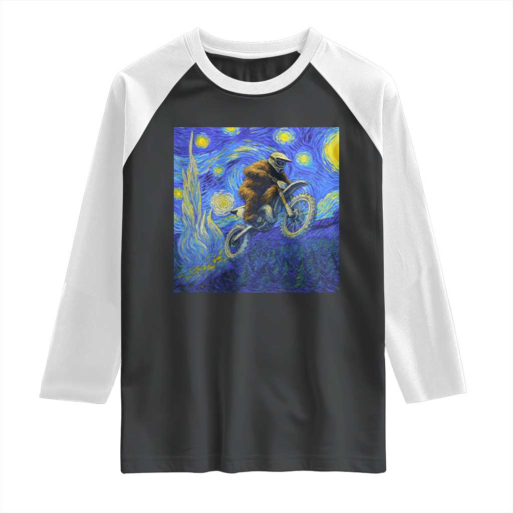 Bigfoot Dirt Bike Sasquatch Raglan Shirt Starry Night Van Gogh Biker - Wonder Print Shop