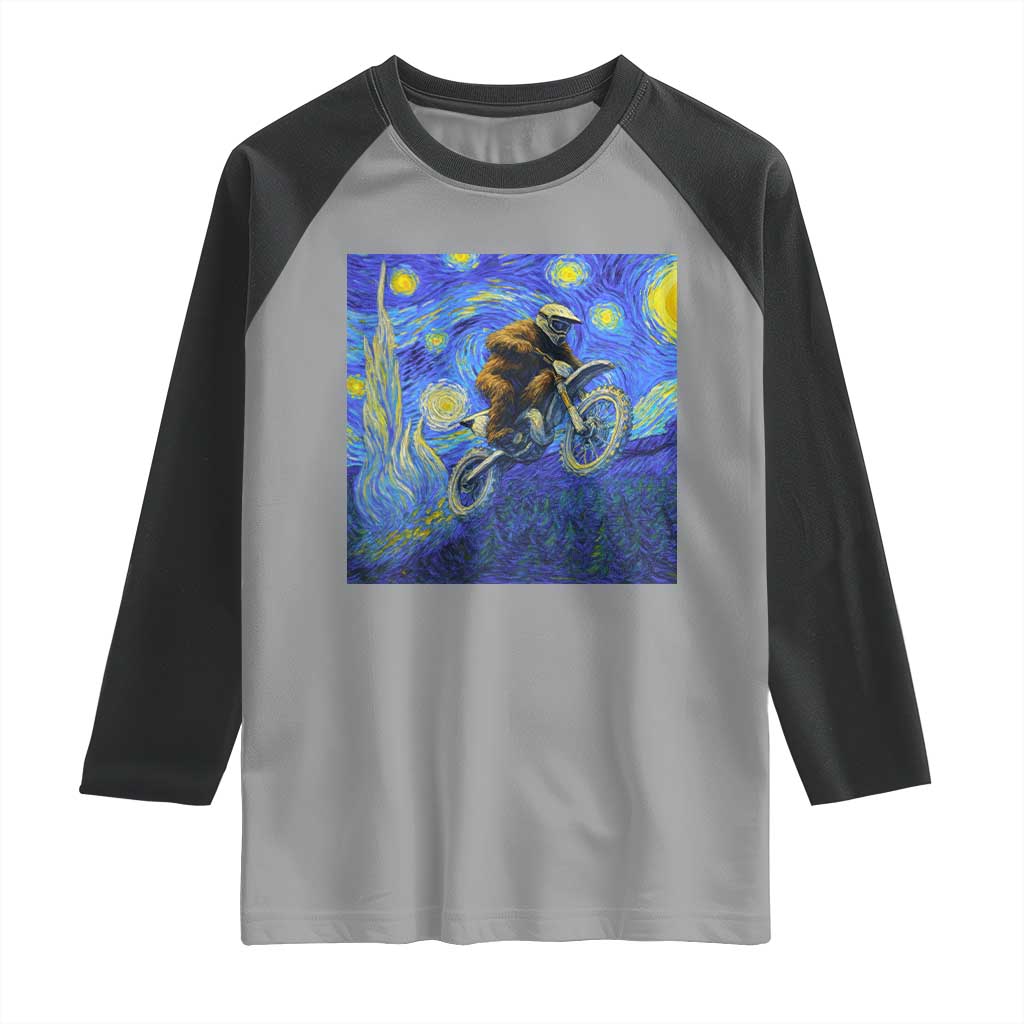 Bigfoot Dirt Bike Sasquatch Raglan Shirt Starry Night Van Gogh Biker - Wonder Print Shop