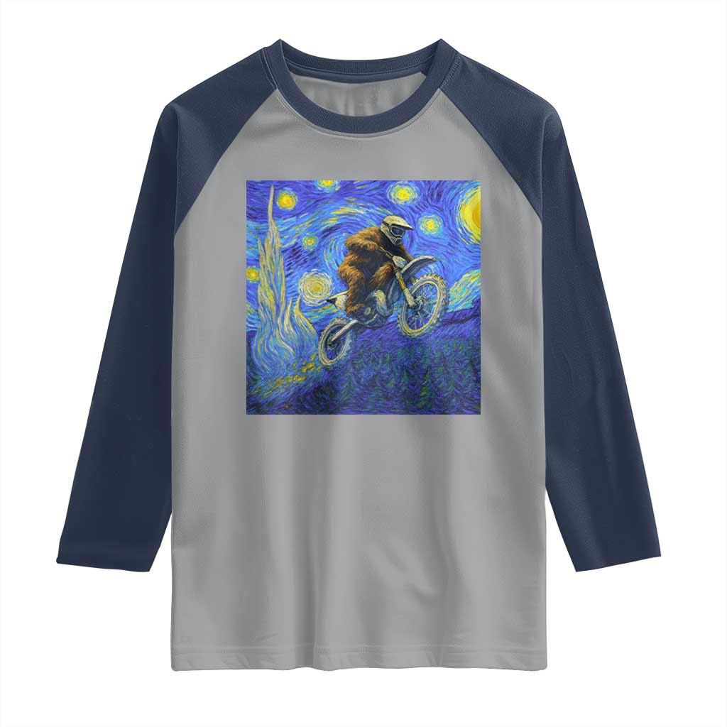 Bigfoot Dirt Bike Sasquatch Raglan Shirt Starry Night Van Gogh Biker - Wonder Print Shop