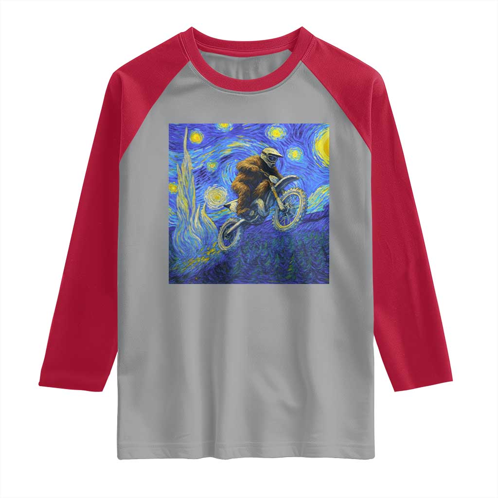 Bigfoot Dirt Bike Sasquatch Raglan Shirt Starry Night Van Gogh Biker - Wonder Print Shop