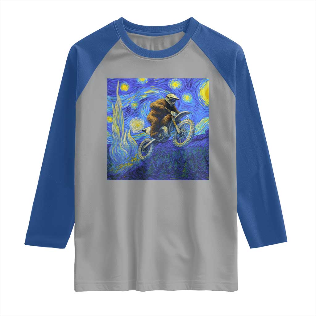 Bigfoot Dirt Bike Sasquatch Raglan Shirt Starry Night Van Gogh Biker - Wonder Print Shop