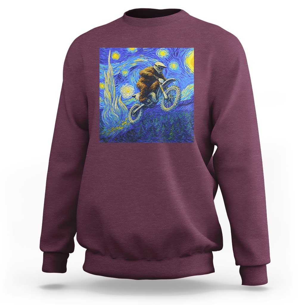 Bigfoot Dirt Bike Sasquatch Sweatshirt Starry Night Van Gogh Biker - Wonder Print Shop