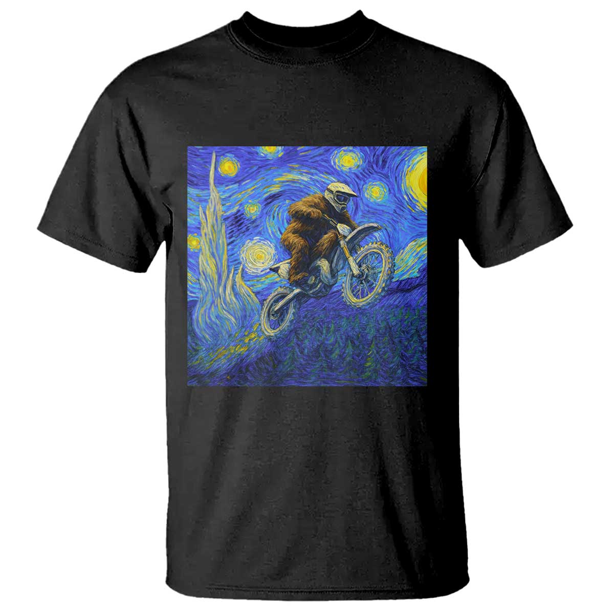 Bigfoot Dirt Bike Sasquatch T Shirt Starry Night Van Gogh Biker - Wonder Print Shop