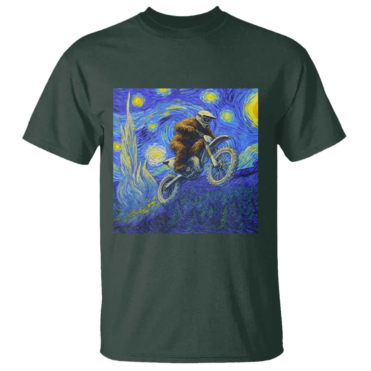Bigfoot Dirt Bike Sasquatch T Shirt Starry Night Van Gogh Biker - Wonder Print Shop