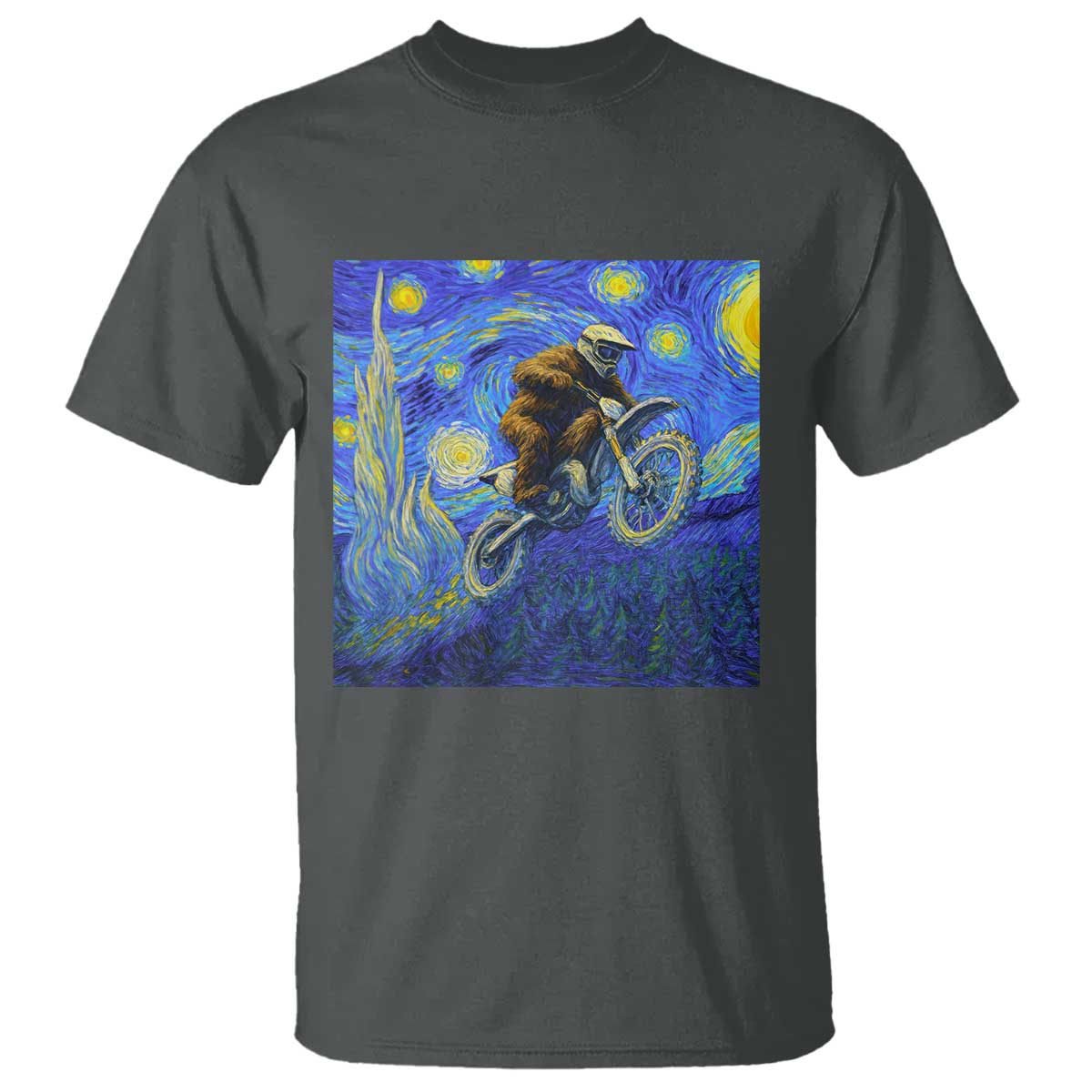 Bigfoot Dirt Bike Sasquatch T Shirt Starry Night Van Gogh Biker - Wonder Print Shop