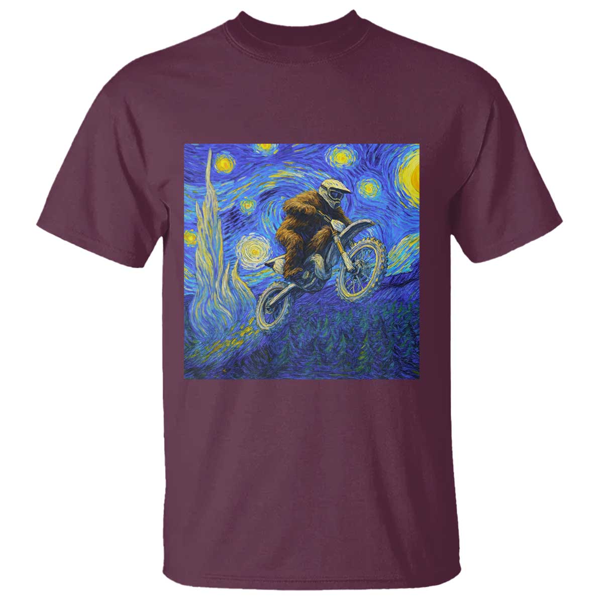 Bigfoot Dirt Bike Sasquatch T Shirt Starry Night Van Gogh Biker - Wonder Print Shop