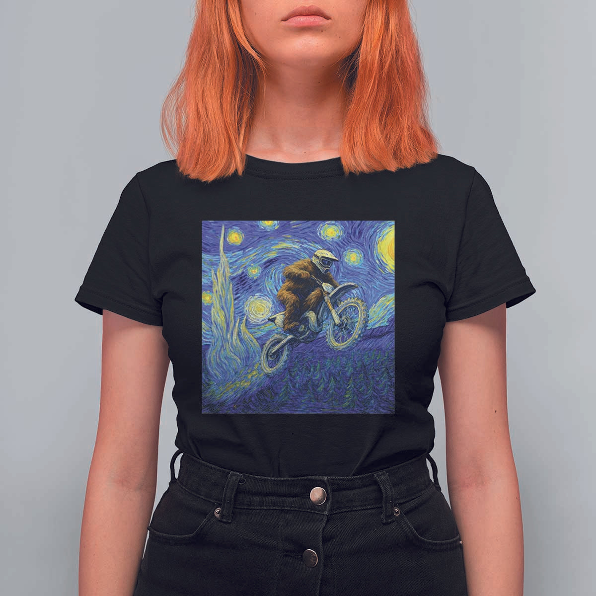 Bigfoot Dirt Bike Sasquatch T Shirt For Women Starry Night Van Gogh Biker - Wonder Print Shop