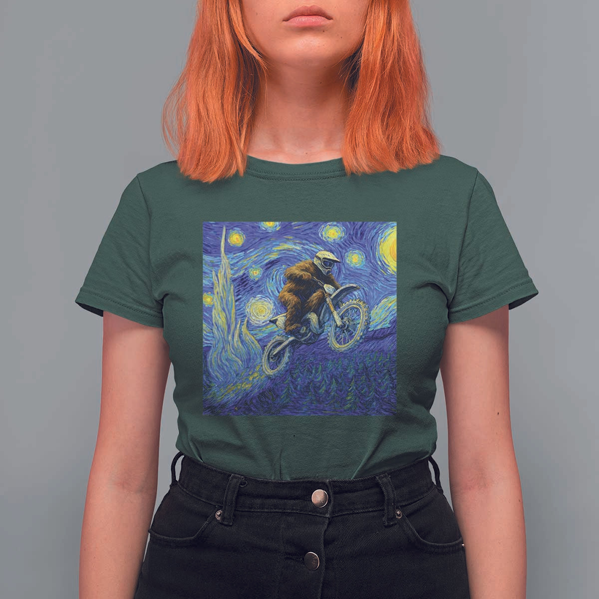 Bigfoot Dirt Bike Sasquatch T Shirt For Women Starry Night Van Gogh Biker - Wonder Print Shop