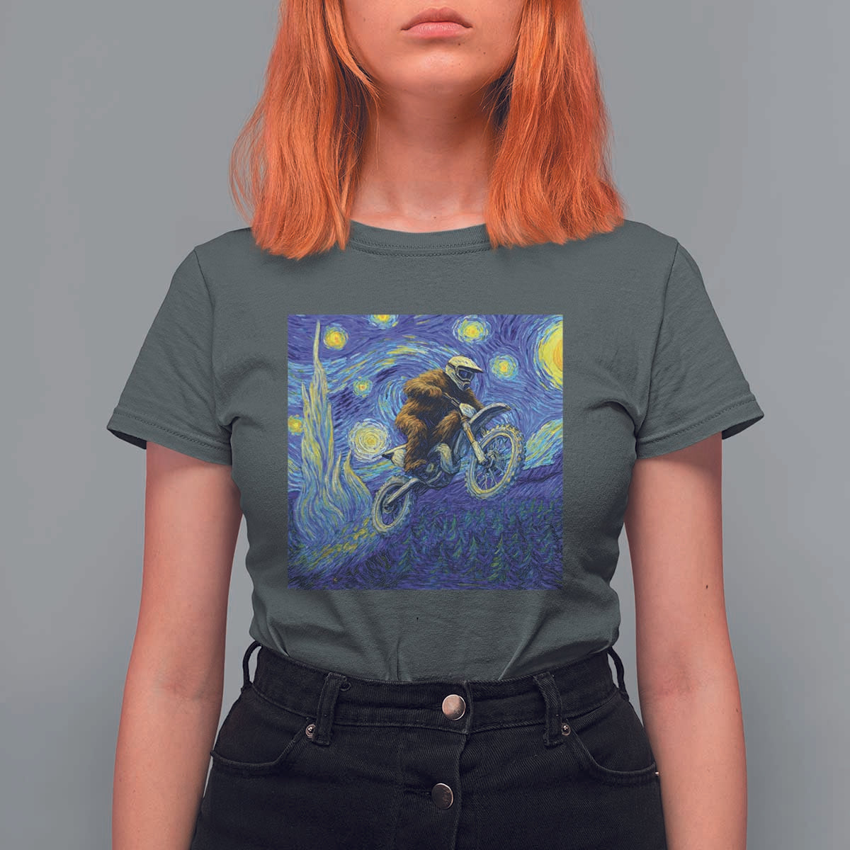 Bigfoot Dirt Bike Sasquatch T Shirt For Women Starry Night Van Gogh Biker - Wonder Print Shop