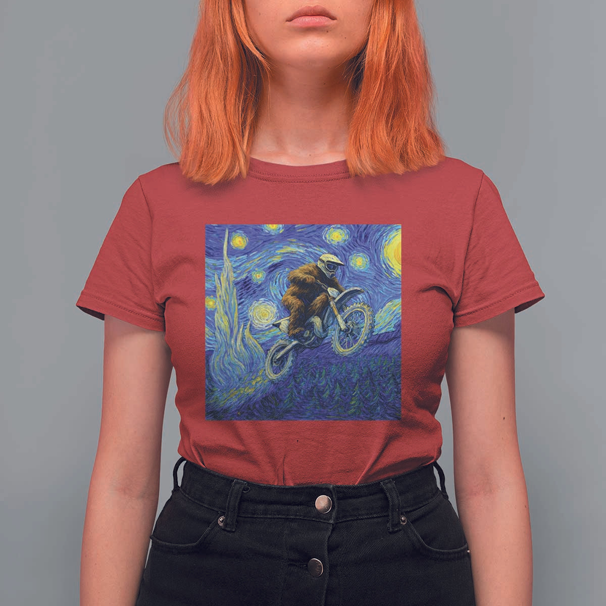 Bigfoot Dirt Bike Sasquatch T Shirt For Women Starry Night Van Gogh Biker - Wonder Print Shop