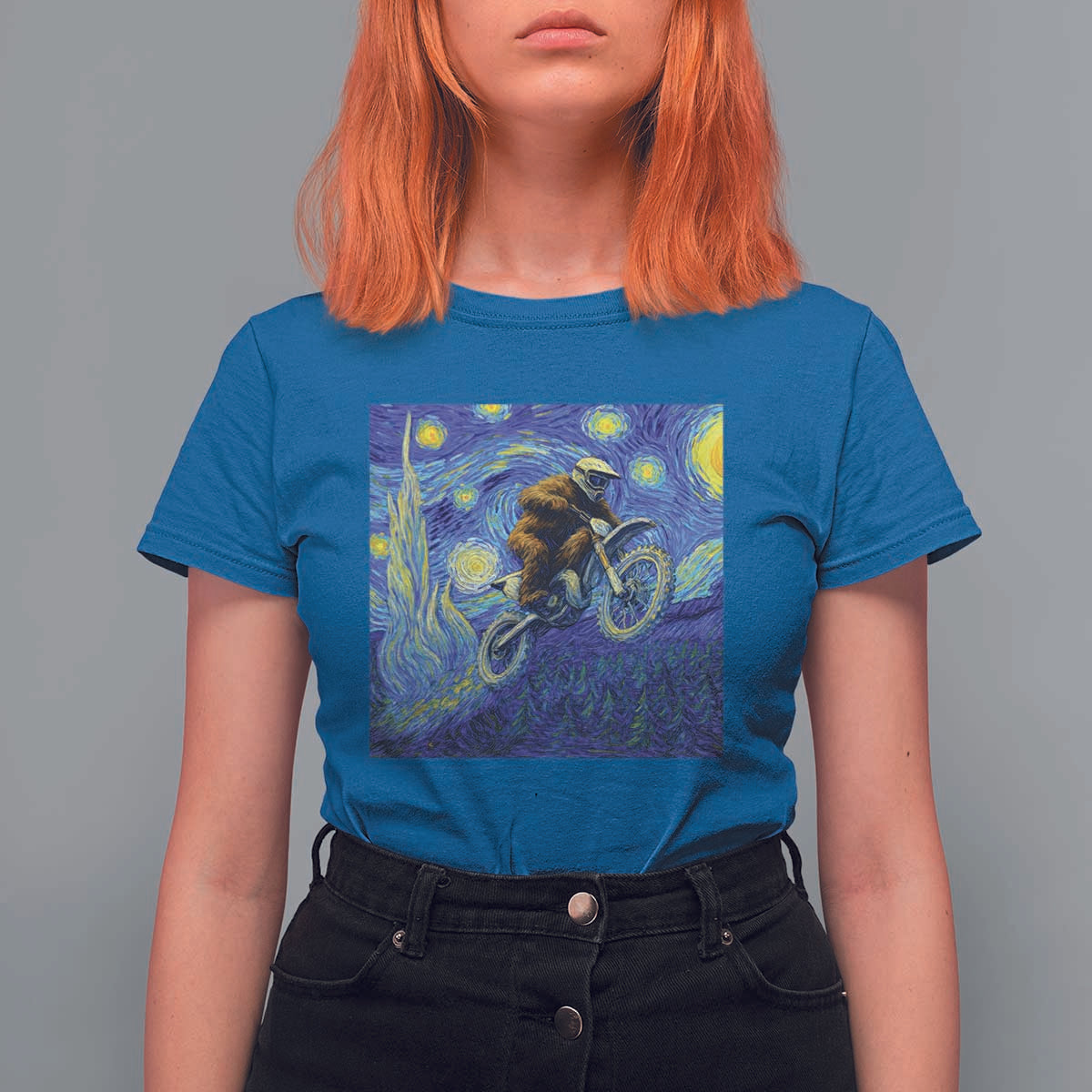 Bigfoot Dirt Bike Sasquatch T Shirt For Women Starry Night Van Gogh Biker - Wonder Print Shop