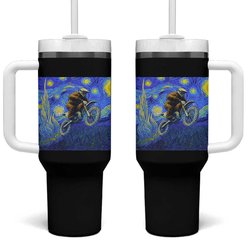 Bigfoot Dirt Bike Sasquatch Tumbler With Handle Starry Night Van Gogh Biker
