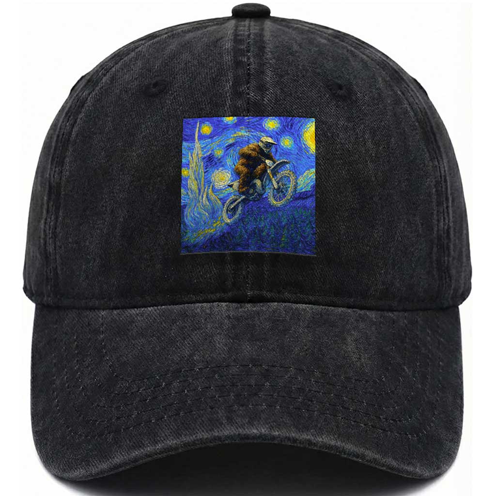 Bigfoot Dirt Bike Sasquatch Washed Cotton Baseball Cap Starry Night Van Gogh Biker