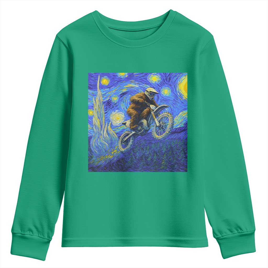 Bigfoot Dirt Bike Sasquatch Youth Sweatshirt Starry Night Van Gogh Biker - Wonder Print Shop