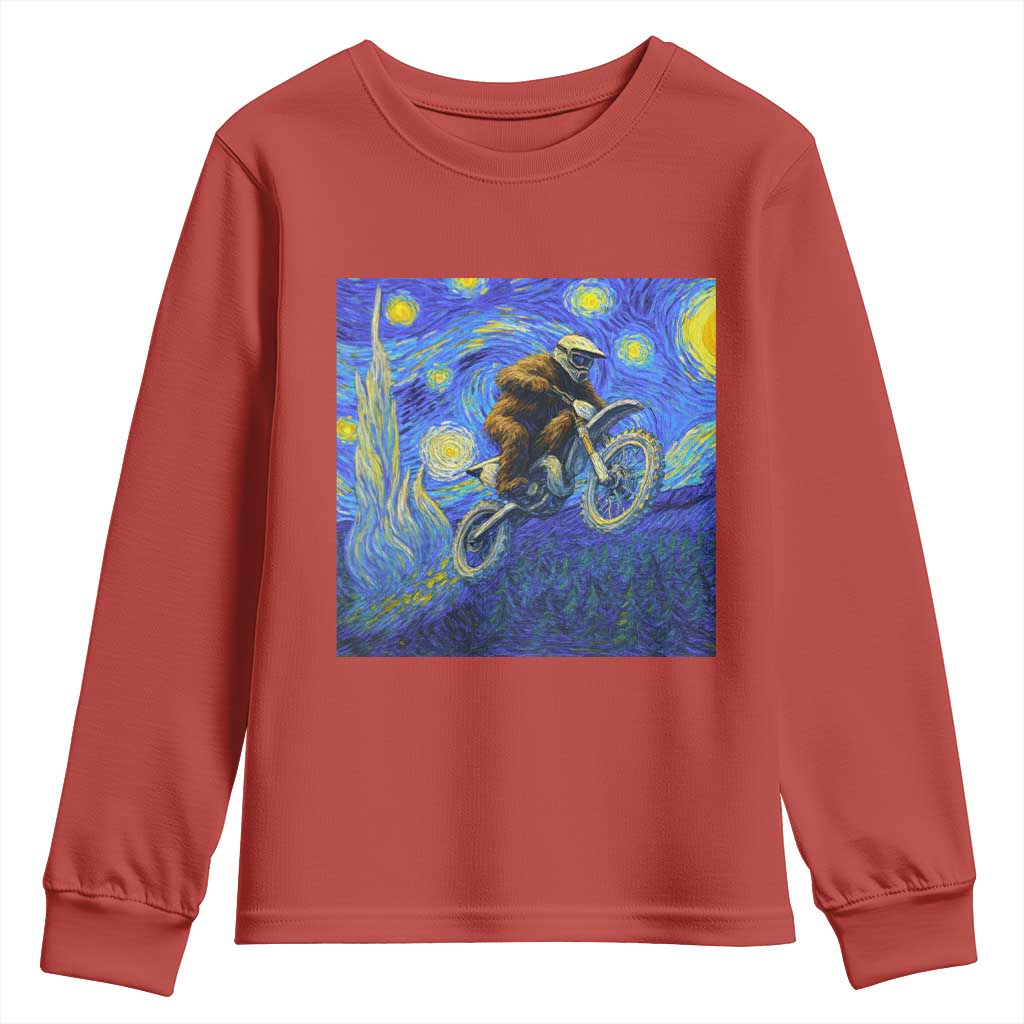 Bigfoot Dirt Bike Sasquatch Youth Sweatshirt Starry Night Van Gogh Biker - Wonder Print Shop