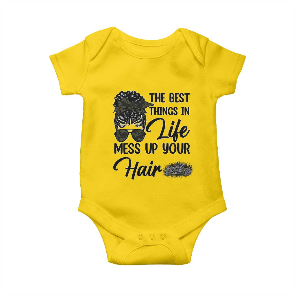 Funny Biker Woman Baby Onesie The Best Things In Life Mess Up Your Hair - Wonder Print Shop