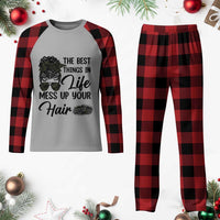 Funny Biker Woman Plaid Pajama Set The Best Things In Life Mess Up Your Hair - Wonder Print Shop
