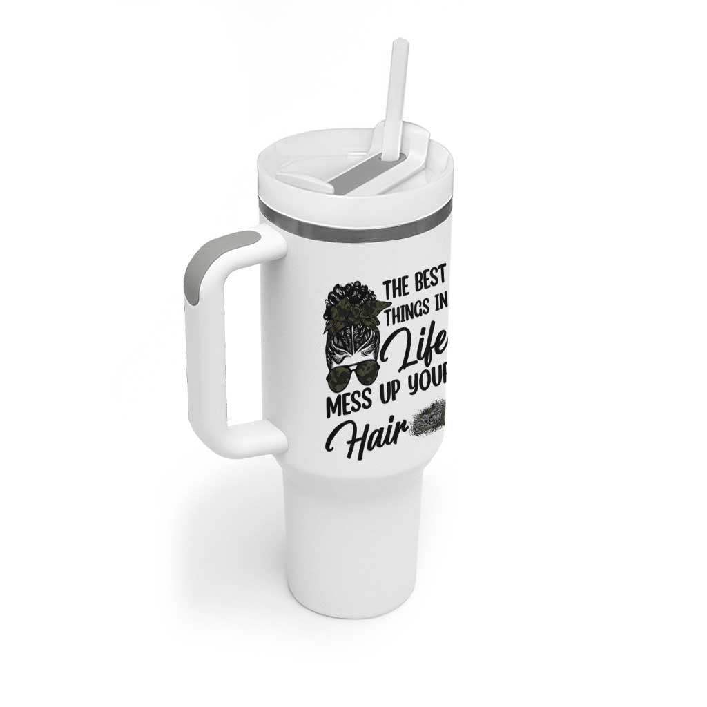 Funny Biker Woman Tumbler With Handle The Best Things In Life Mess Up Your Hair
