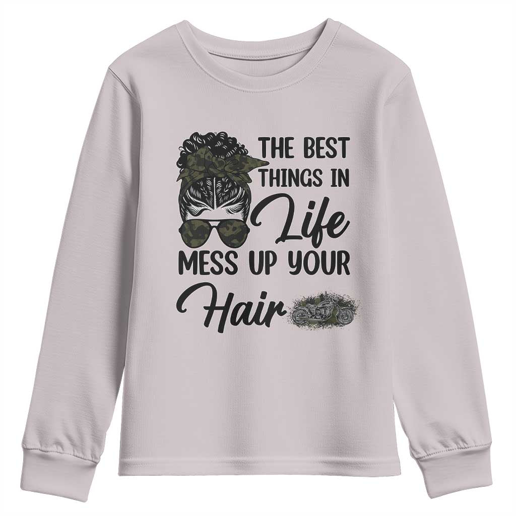 Funny Biker Woman Youth Sweatshirt The Best Things In Life Mess Up Your Hair - Wonder Print Shop