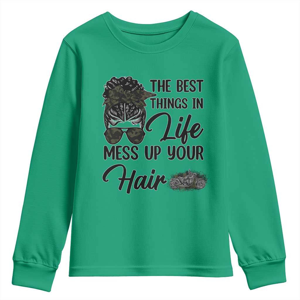 Funny Biker Woman Youth Sweatshirt The Best Things In Life Mess Up Your Hair - Wonder Print Shop