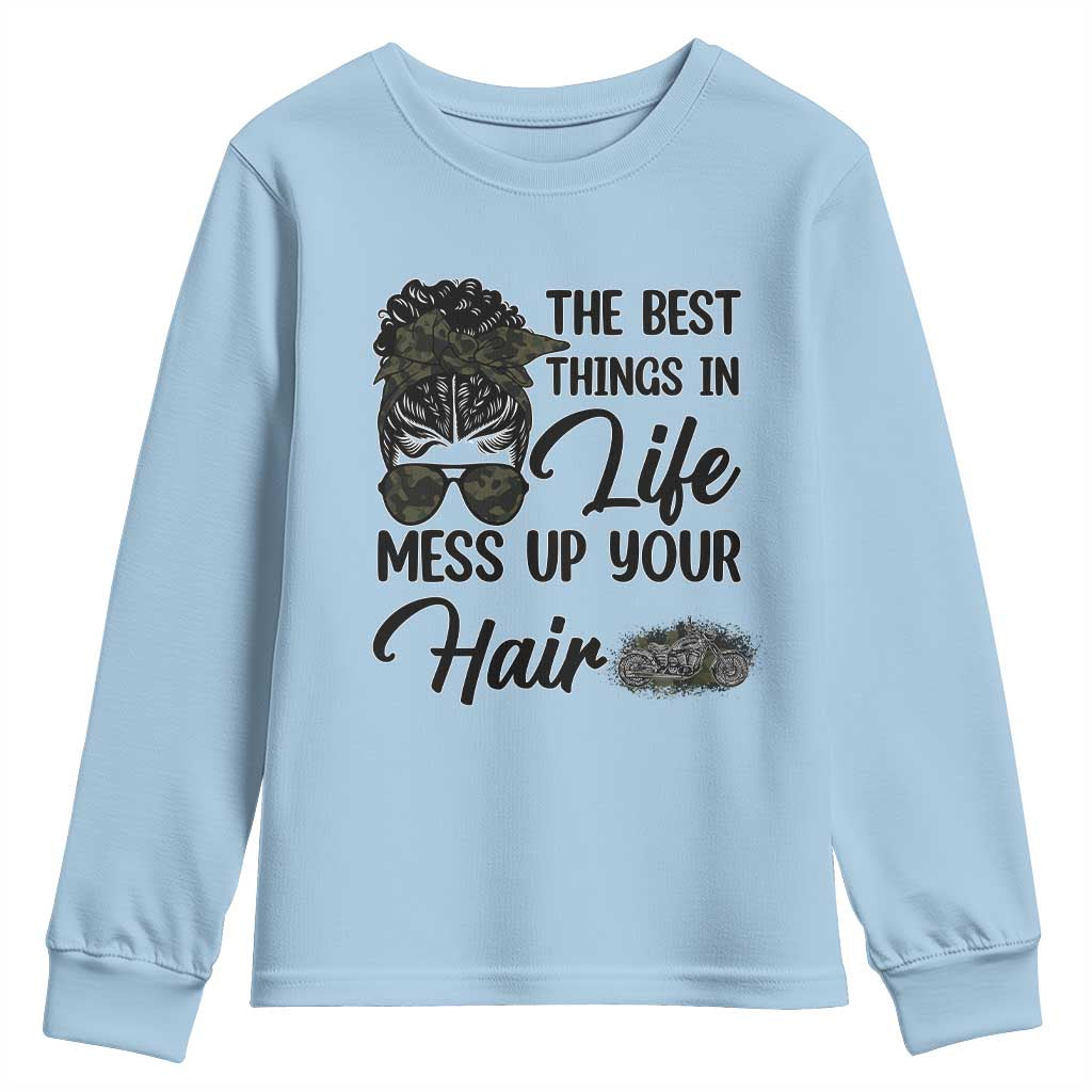 Funny Biker Woman Youth Sweatshirt The Best Things In Life Mess Up Your Hair - Wonder Print Shop