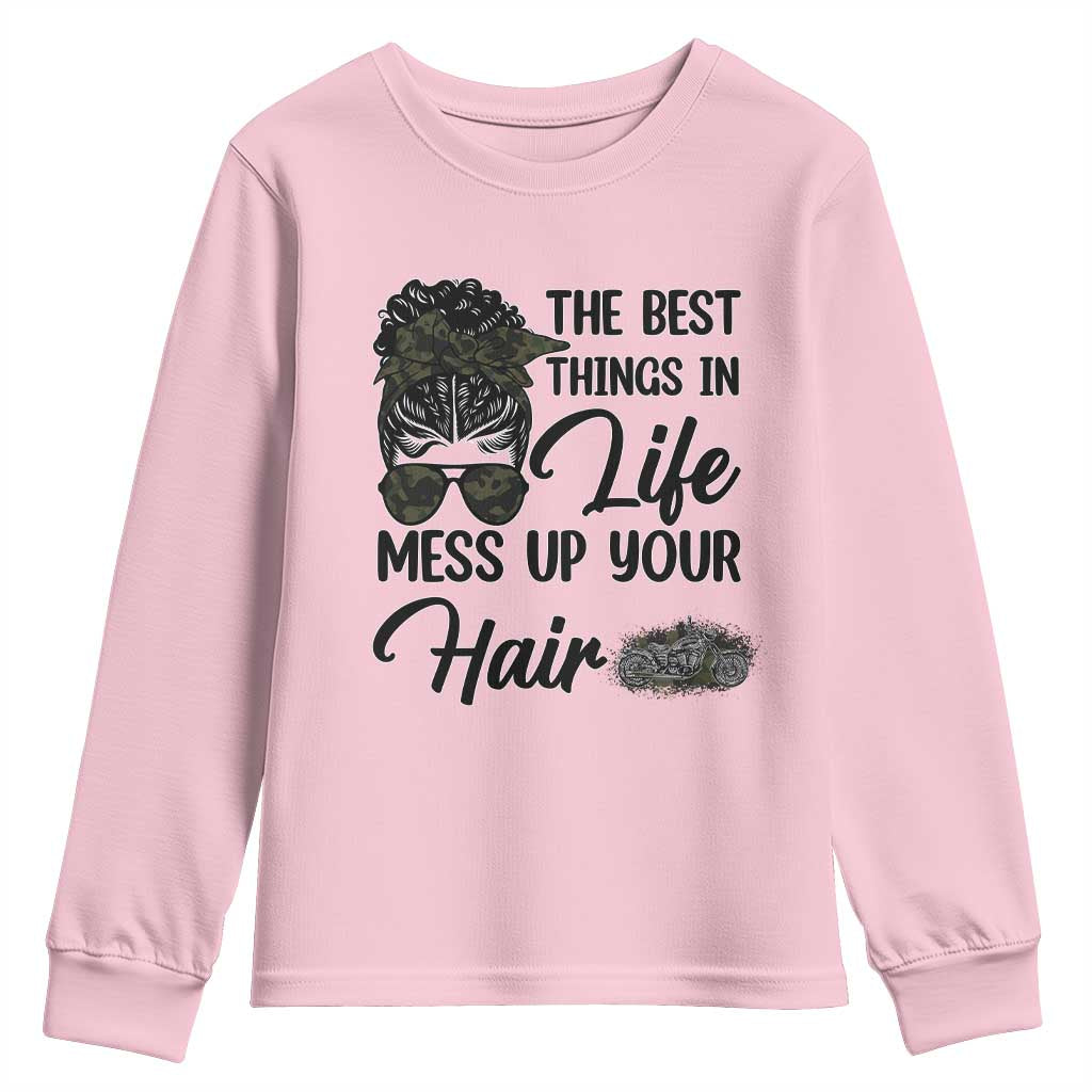 Funny Biker Woman Youth Sweatshirt The Best Things In Life Mess Up Your Hair - Wonder Print Shop