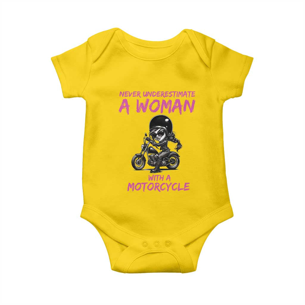 Funny Biker Woman Baby Onesie Never Underestimate A Women On A Motorcycle - Wonder Print Shop