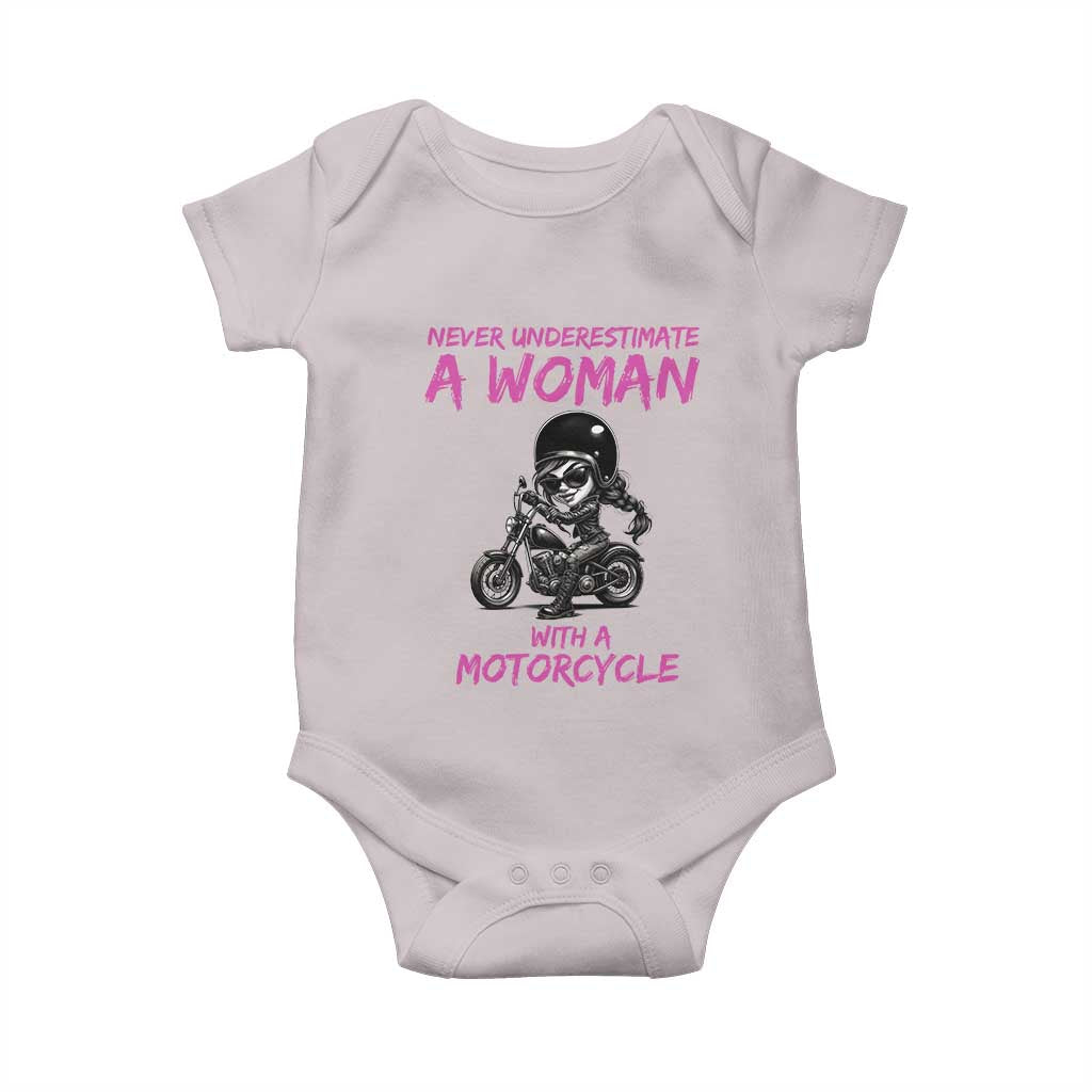 Funny Biker Woman Baby Onesie Never Underestimate A Women On A Motorcycle - Wonder Print Shop