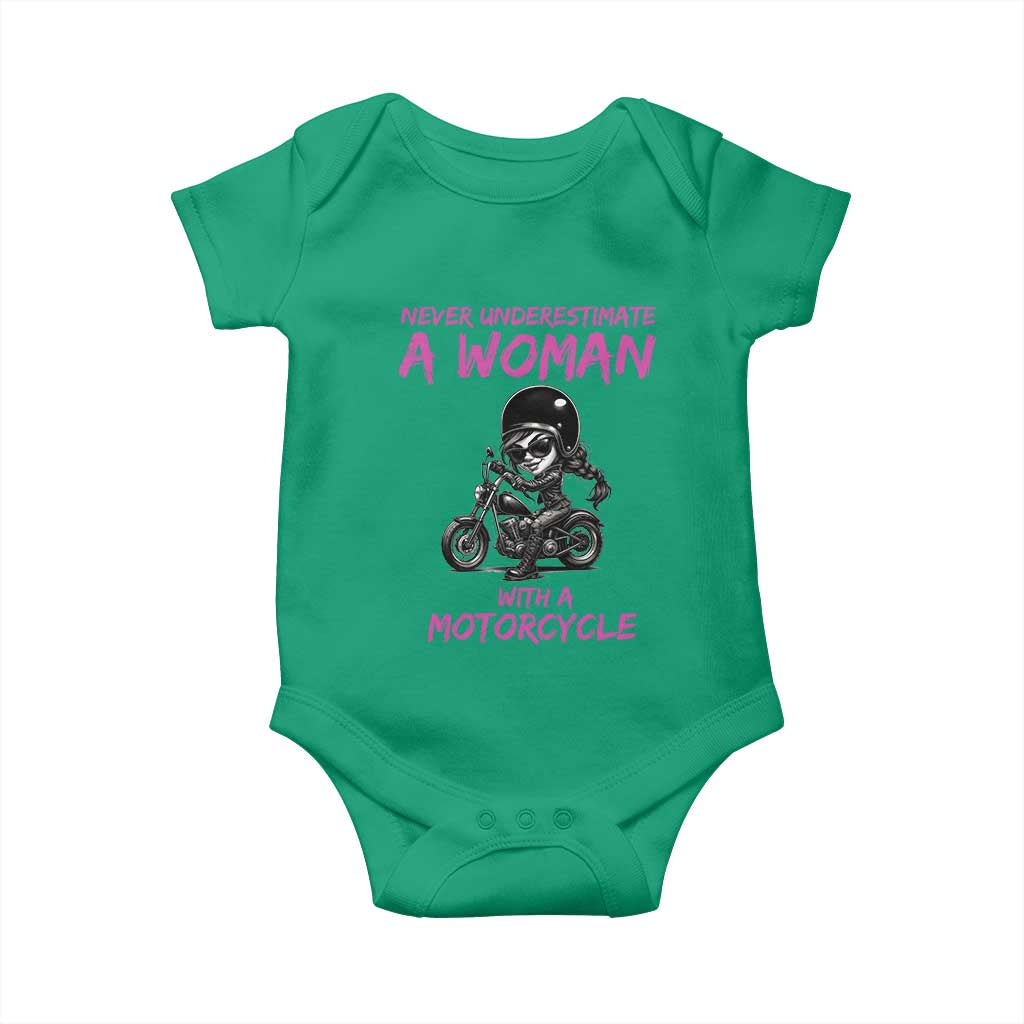 Funny Biker Woman Baby Onesie Never Underestimate A Women On A Motorcycle - Wonder Print Shop