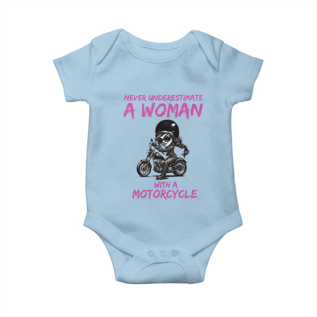 Funny Biker Woman Baby Onesie Never Underestimate A Women On A Motorcycle - Wonder Print Shop