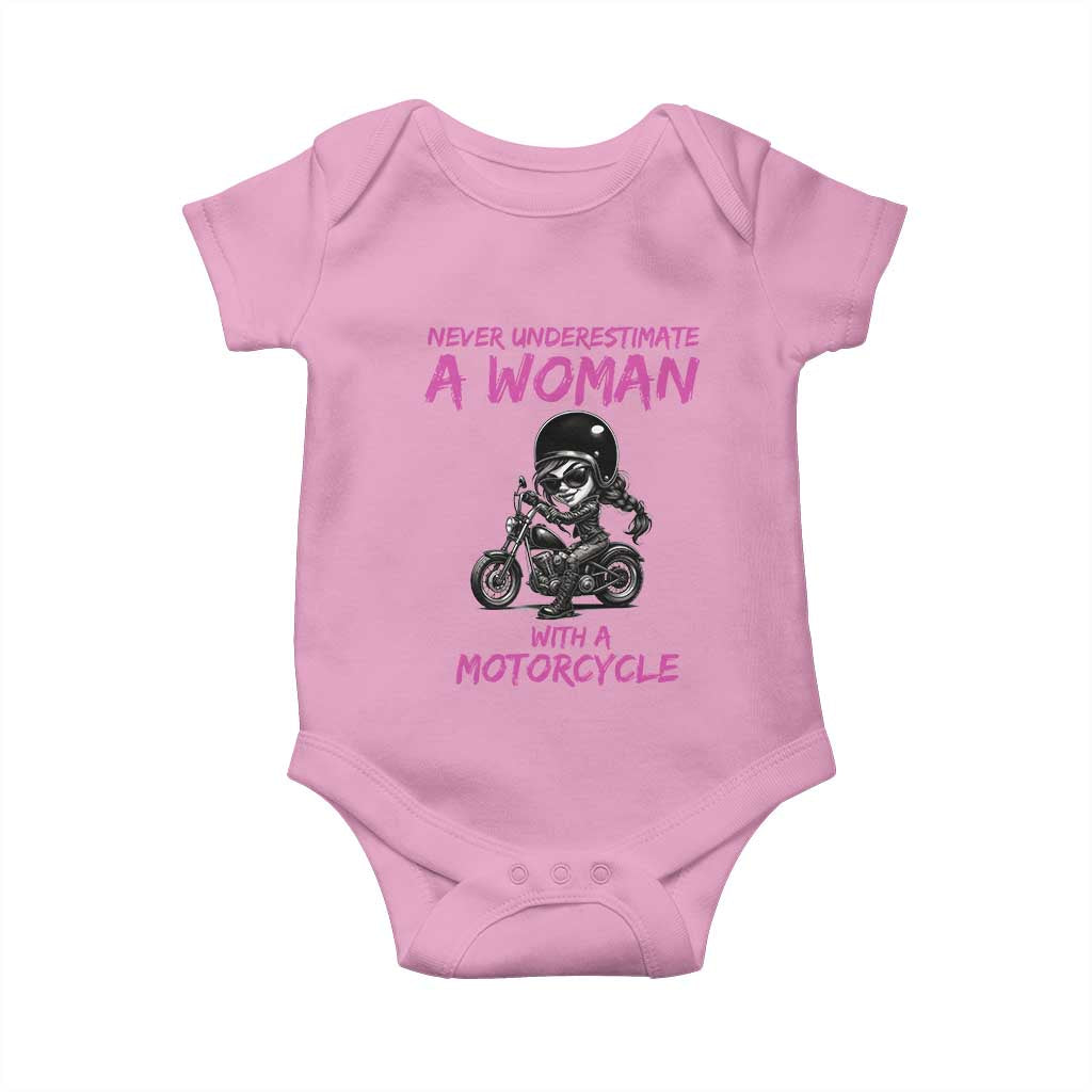 Funny Biker Woman Baby Onesie Never Underestimate A Women On A Motorcycle - Wonder Print Shop