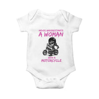 Funny Biker Woman Baby Onesie Never Underestimate A Women On A Motorcycle - Wonder Print Shop