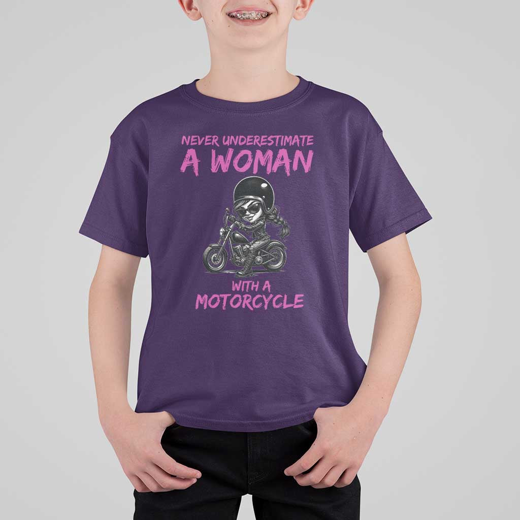 Funny Biker Woman T Shirt For Kid Never Underestimate A Women On A Motorcycle - Wonder Print Shop