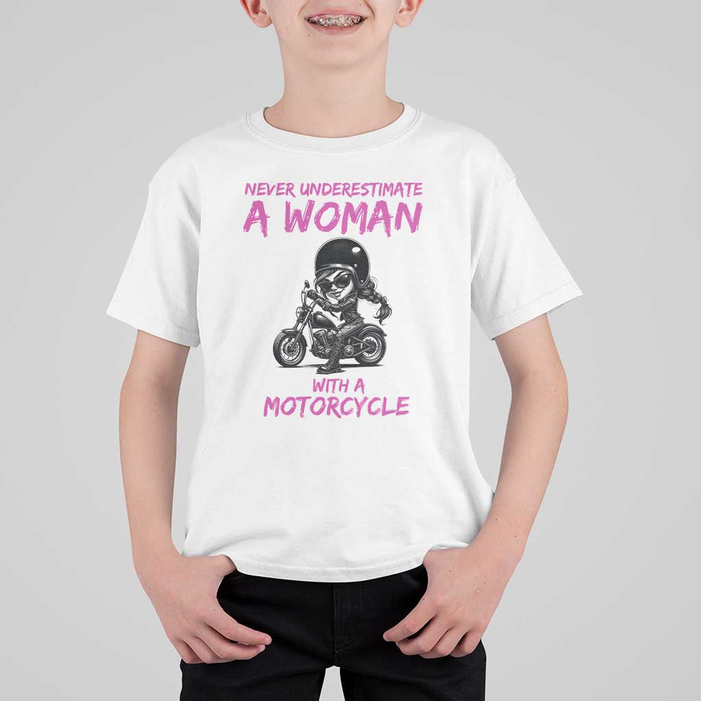 Funny Biker Woman T Shirt For Kid Never Underestimate A Women On A Motorcycle - Wonder Print Shop