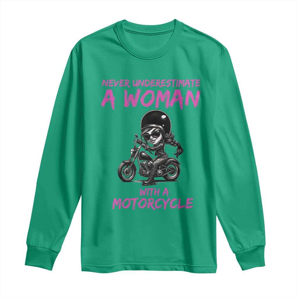 Funny Biker Woman Long Sleeve Shirt Never Underestimate A Women On A Motorcycle - Wonder Print Shop